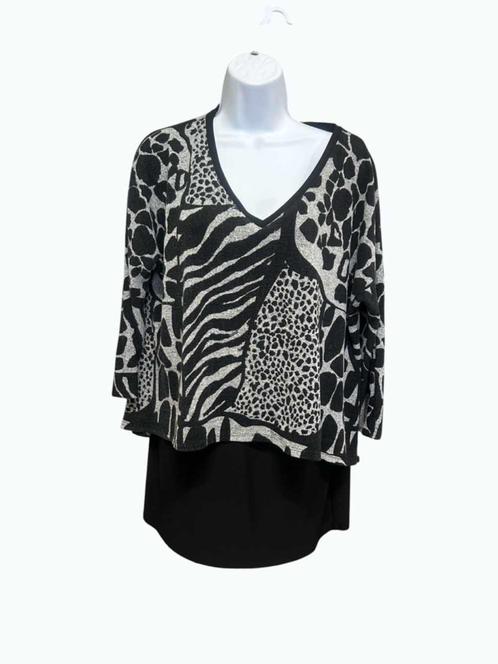 Frank Lyman Mixed Media Animal Print Layered Tunic Knit Top Size 14